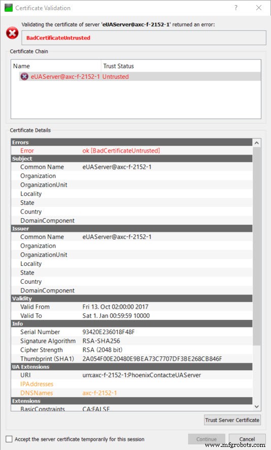 为 PLCnext Control 上的 OPC UA 配置自定义安全证书